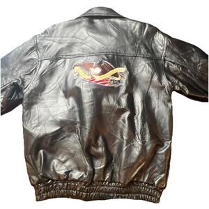 Vintage God Bless America Eagle Patch Black Leather Riding Jacket Men's Size Med